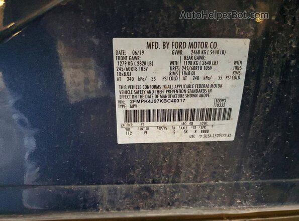 2FMPK4J97KBC40317 2019 FORD EDGE Blue Widok wnętrza 360 stopni