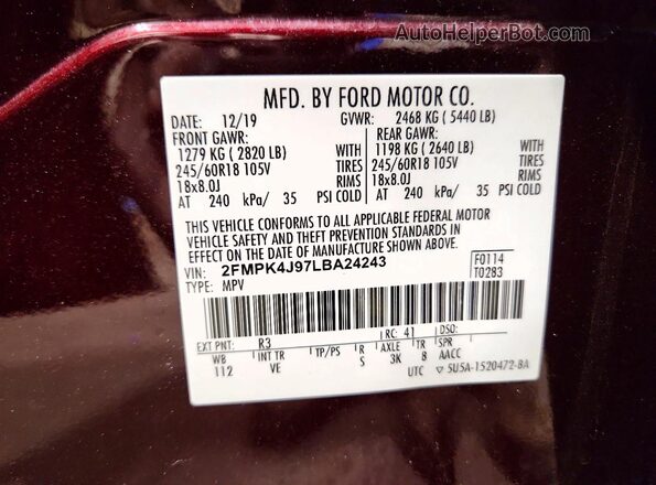 2FMPK4J97LBA24243 2020 FORD EDGE Burgundy Widok naklejki z numerem VIN