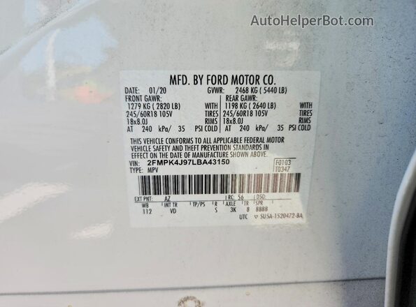 2FMPK4J97LBA43150 2020 FORD EDGE White Սալոնի 360 աստիճան տեսք