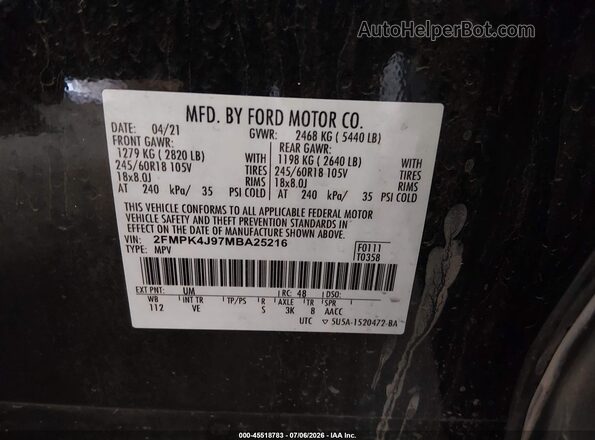 2FMPK4J97MBA25216 2021 FORD EDGE Черный Вид подкапотного пространства
