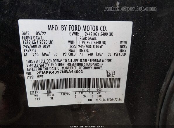 2FMPK4J97NBA64003 2022 FORD EDGE Black Vista del compartimento del motor