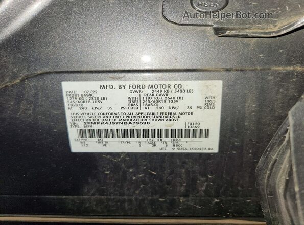 2FMPK4J97NBA79598 2022 FORD EDGE Gray VIN կոդի պիտակի տեսք