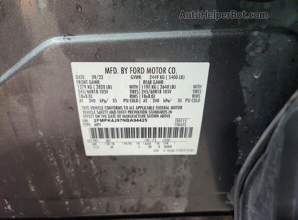2FMPK4J97NBA94425 2022 FORD EDGE Gray Widok naklejki z numerem VIN