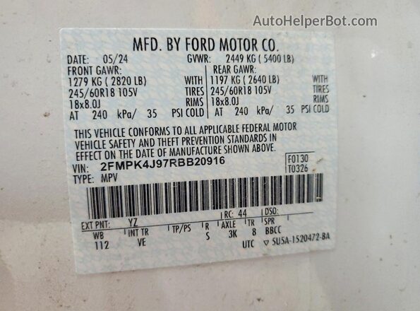 2FMPK4J97RBB20916 2024 FORD EDGE White ძრავის განყოფილების ხედი