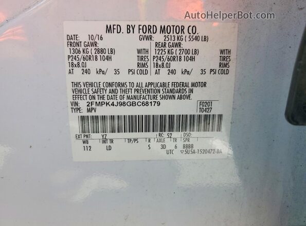 2FMPK4J98GBC68179 2016 FORD EDGE White Vista del compartimento del motor