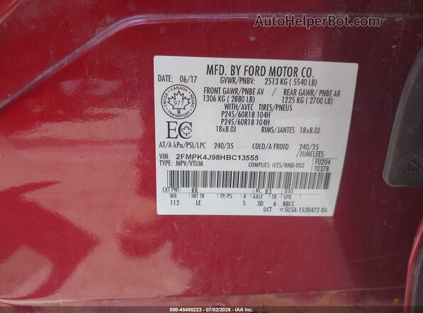 2FMPK4J98HBC13555 2017 FORD EDGE Red Vista del compartimento del motor