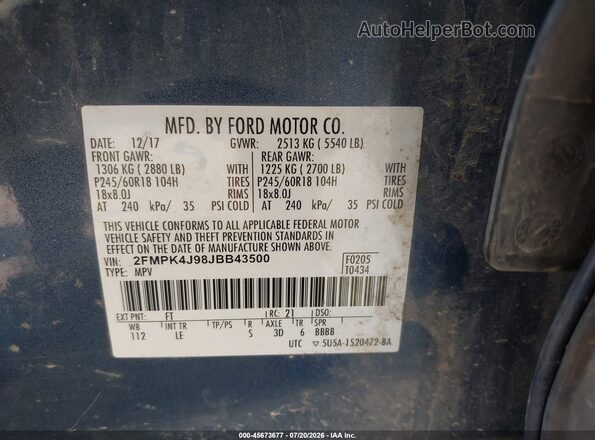 2FMPK4J98JBB43500 2018 FORD EDGE Blue Вид підкапотного простору