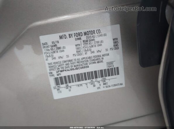 2FMPK4J98JBC08958 2018 FORD EDGE Beige Շարժիչի բաժամունքի տեսք