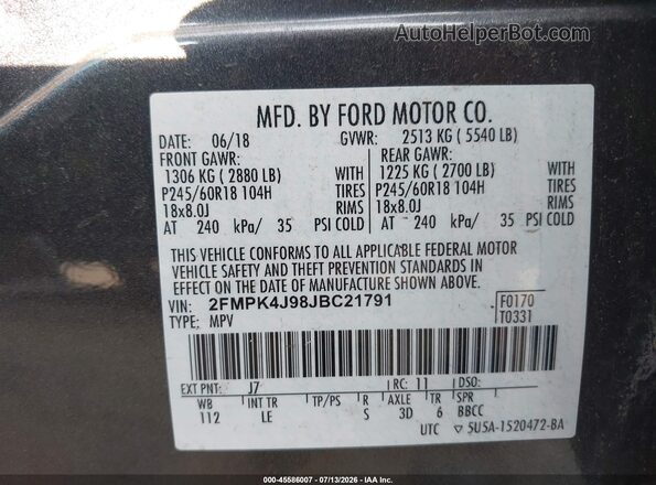 2FMPK4J98JBC21791 2018 FORD EDGE Gray ძრავის განყოფილების ხედი