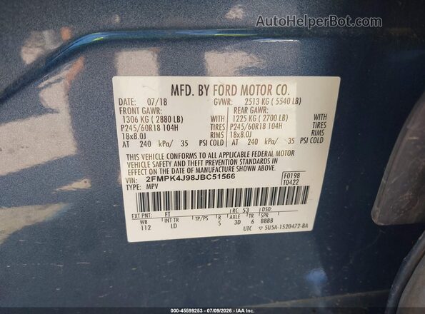 2FMPK4J98JBC51566 2018 FORD EDGE Blue Շարժիչի բաժամունքի տեսք