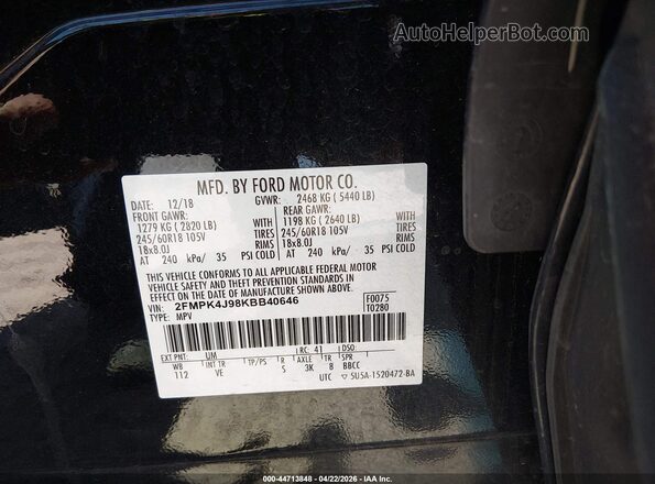2FMPK4J98KBB40646 2019 FORD EDGE Черный Вид подкапотного пространства
