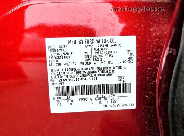 2FMPK4J98KBB99535 2019 FORD EDGE Красный Вид наклейки с VIN-кодом