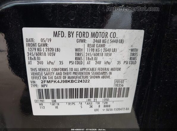 2FMPK4J98KBC24322 2019 FORD EDGE Черный Вид подкапотного пространства