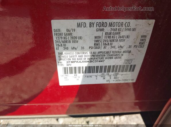 2FMPK4J98KBC31447 2019 FORD EDGE Burgundy Вид підкапотного простору