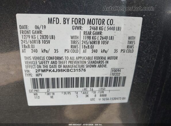 2FMPK4J98KBC31576 2019 FORD EDGE Gray Vista del compartimento del motor
