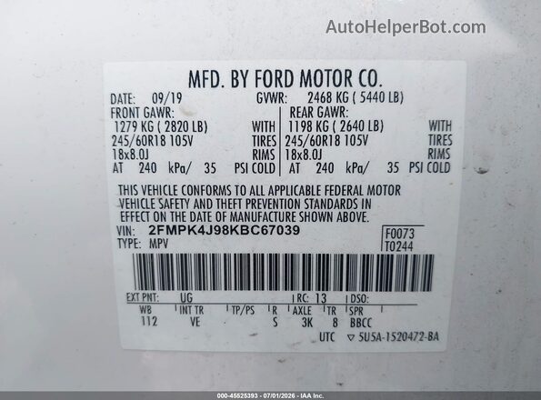 2FMPK4J98KBC67039 2019 FORD EDGE White ძრავის განყოფილების ხედი