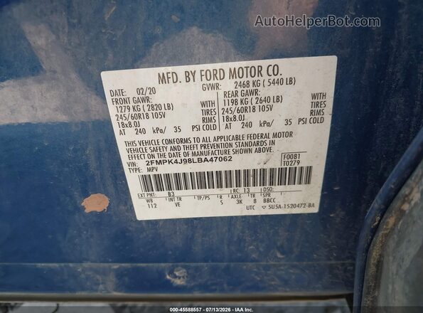 2FMPK4J98LBA47062 2020 FORD EDGE Blue Вид підкапотного простору