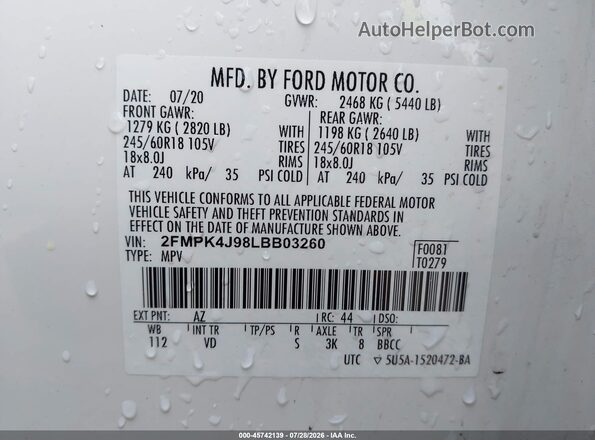 2FMPK4J98LBB03260 2020 FORD EDGE White Շարժիչի բաժամունքի տեսք