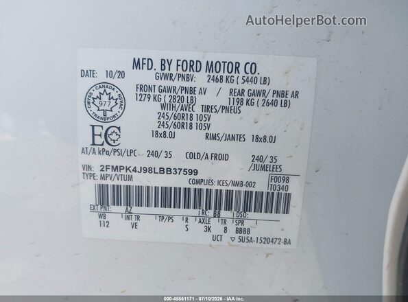2FMPK4J98LBB37599 2020 FORD EDGE White Widok komory silnika