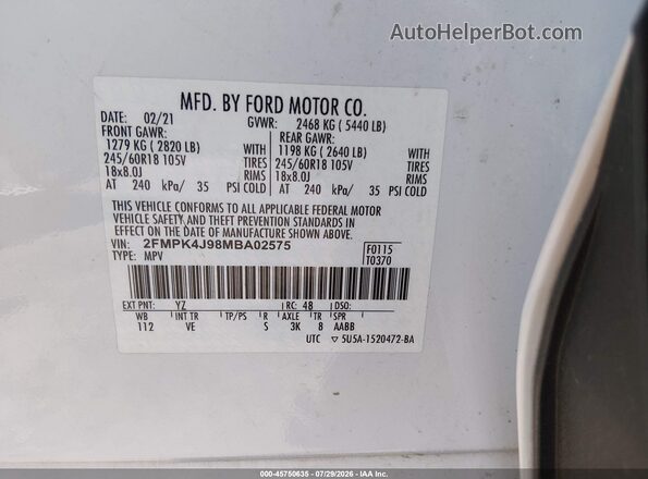 2FMPK4J98MBA02575 2021 FORD EDGE White ძრავის განყოფილების ხედი