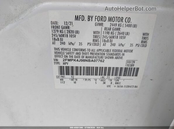 2FMPK4J98NBA07762 2022 FORD EDGE White ძრავის განყოფილების ხედი