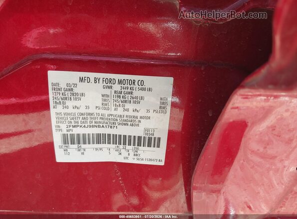 2FMPK4J98NBA17871 2022 FORD EDGE Red Vista del compartimento del motor
