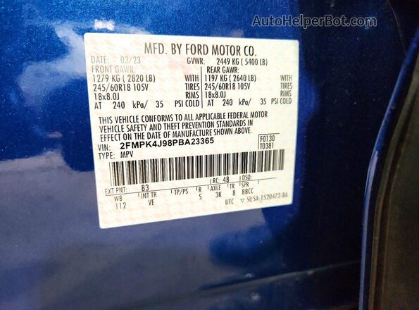 2FMPK4J98PBA23365 2023 FORD EDGE Blue 360 interior view