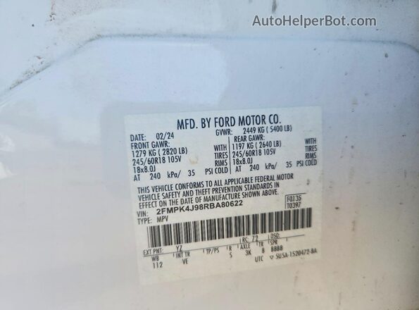 2FMPK4J98RBA80622 2024 FORD EDGE White VIN კოდის სტიკერის ხედი