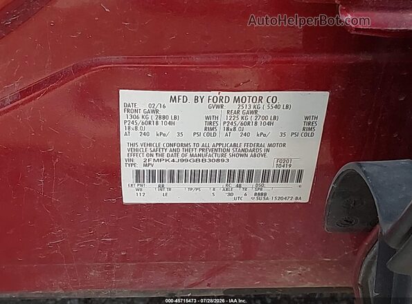 2FMPK4J99GBB30893 2016 FORD EDGE Red Vista del compartimento del motor