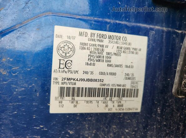 2FMPK4J99JBB08352 2018 FORD EDGE Blue Շարժիչի բաժամունքի տեսք