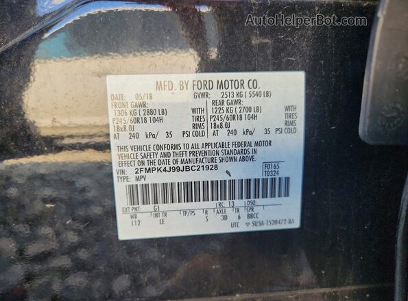 2FMPK4J99JBC21928 2018 FORD EDGE Черный Вид наклейки с VIN-кодом