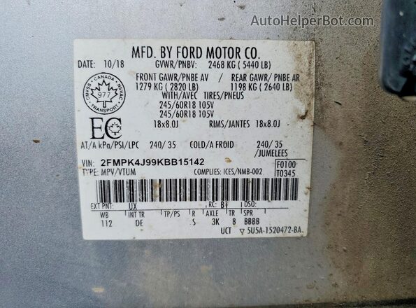 2FMPK4J99KBB15142 2019 FORD EDGE Silver Панорамний вид салону 360°