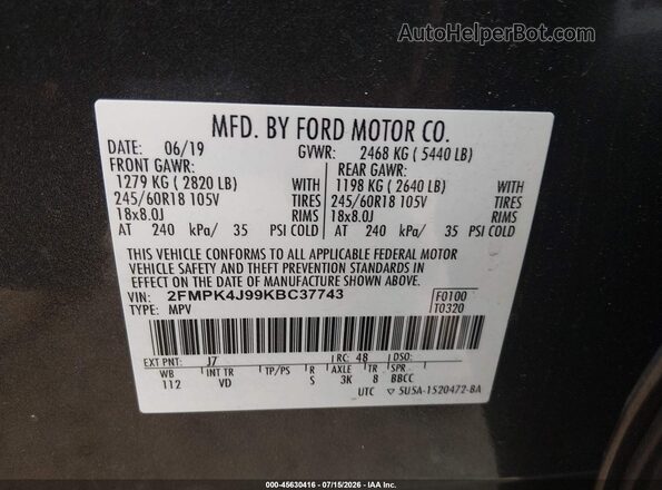 2FMPK4J99KBC37743 2019 FORD EDGE Gray Շարժիչի բաժամունքի տեսք