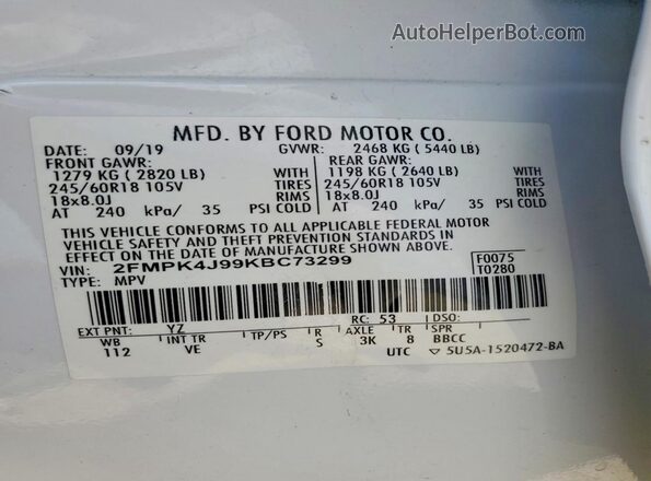 2FMPK4J99KBC73299 2019 FORD EDGE White VIN კოდის სტიკერის ხედი