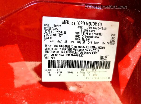 2FMPK4J99LBA06827 2020 FORD EDGE Red Вид наклейки з VIN-кодом