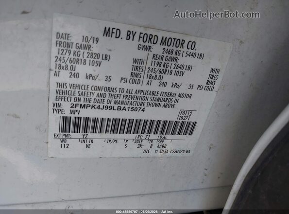 2FMPK4J99LBA15074 2020 FORD EDGE White Widok komory silnika