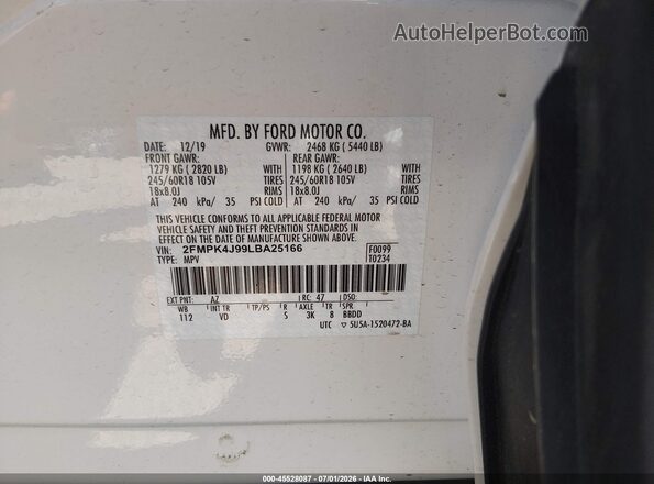 2FMPK4J99LBA25166 2020 FORD EDGE White Շարժիչի բաժամունքի տեսք