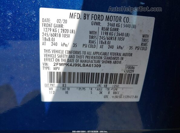 2FMPK4J99LBA61309 2020 FORD EDGE Dark Blue Engine compartment view