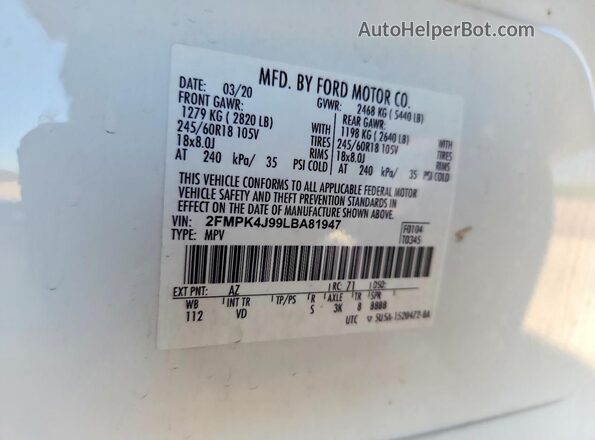 2FMPK4J99LBA81947 2020 FORD EDGE Белый Панорамный вид салона 360°