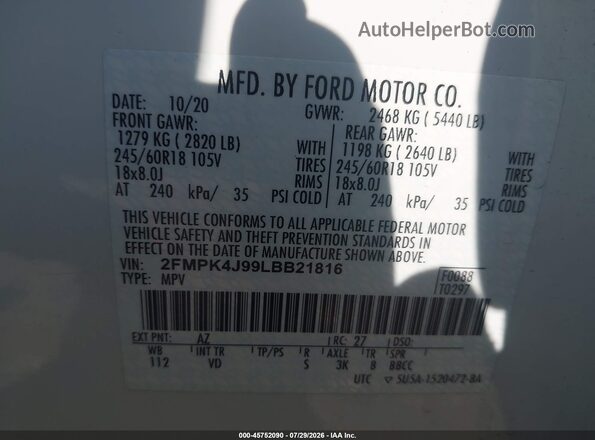 2FMPK4J99LBB21816 2020 FORD EDGE White ძრავის განყოფილების ხედი