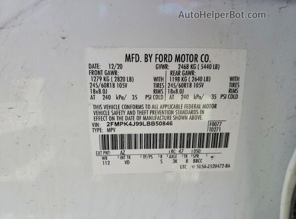 2FMPK4J99LBB50846 2020 FORD EDGE White VIN կոդի պիտակի տեսք