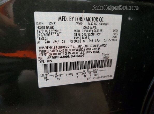 2FMPK4J99NBA05597 2022 FORD EDGE Green Vista de la etiqueta del VIN