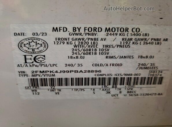 2FMPK4J99PBA28896 2023 FORD EDGE White VIN კოდის სტიკერის ხედი
