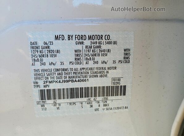 2FMPK4J99PBA40661 2023 FORD EDGE White Вид наклейки з VIN-кодом