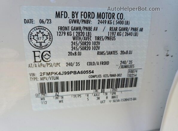 2FMPK4J99PBA60554 2023 FORD EDGE Белый Вид наклейки с VIN-кодом