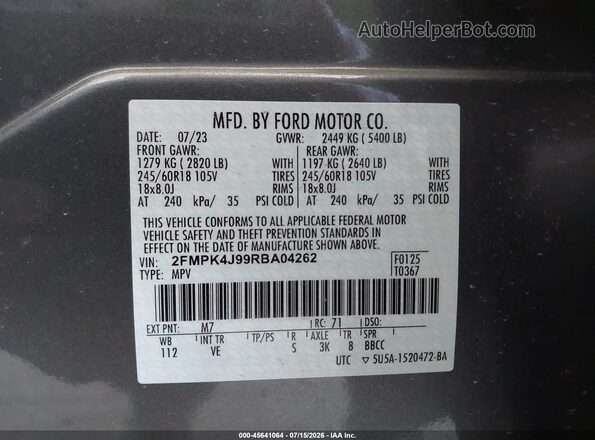 2FMPK4J99RBA04262 2024 FORD EDGE Gray Вид підкапотного простору