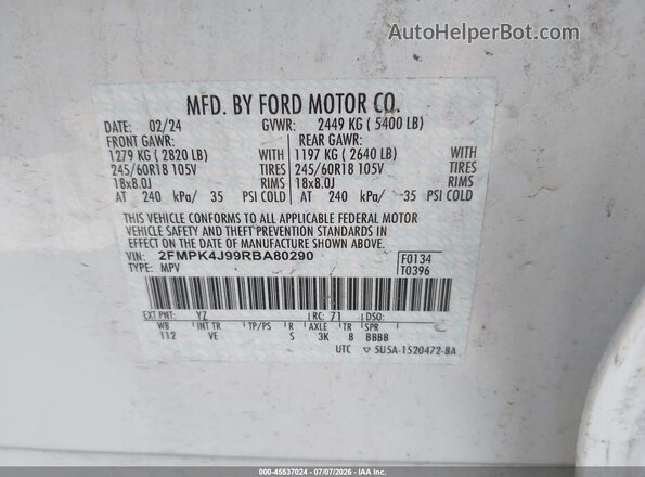 2FMPK4J99RBA80290 2024 FORD EDGE White ძრავის განყოფილების ხედი