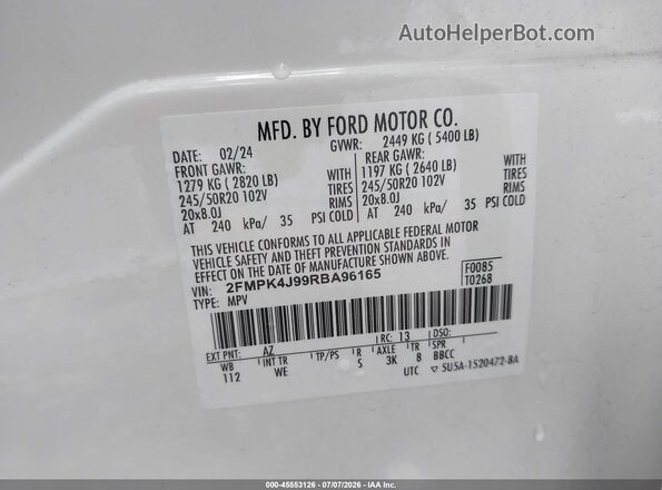 2FMPK4J99RBA96165 2024 FORD EDGE White ძრავის განყოფილების ხედი