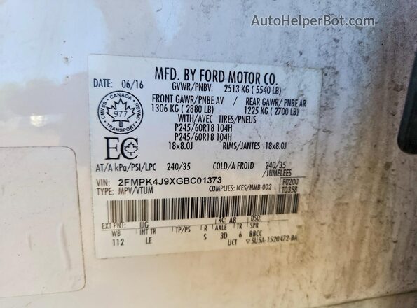 2FMPK4J9XGBC01373 2016 FORD EDGE White VIN sticker view