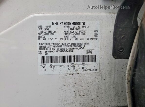 2FMPK4J9XHBB74998 2017 FORD EDGE White Widok naklejki z numerem VIN